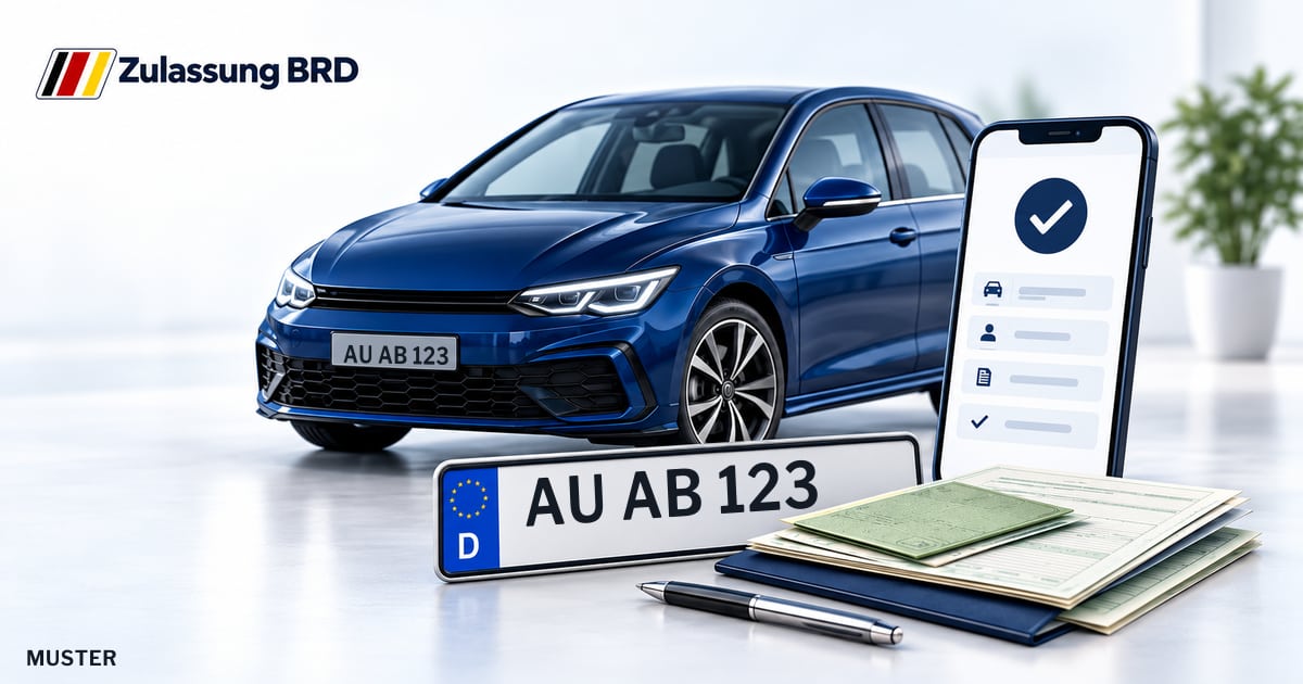 Online Fahrzeugzulassung in Marienberg: Musterkennzeichen AU AB 123, Auto und Fahrzeugpapiere und Smartphone. Illustration mit Logo von Zulassung BRD.